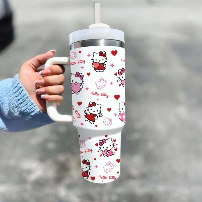 1pc 40oz Stainless Steel Water Bottle With Handle, Insulated, Vacuum Sealed, Featuring Cute Hello Kitty Print, Portable For Outdoor Travel (With Straw)