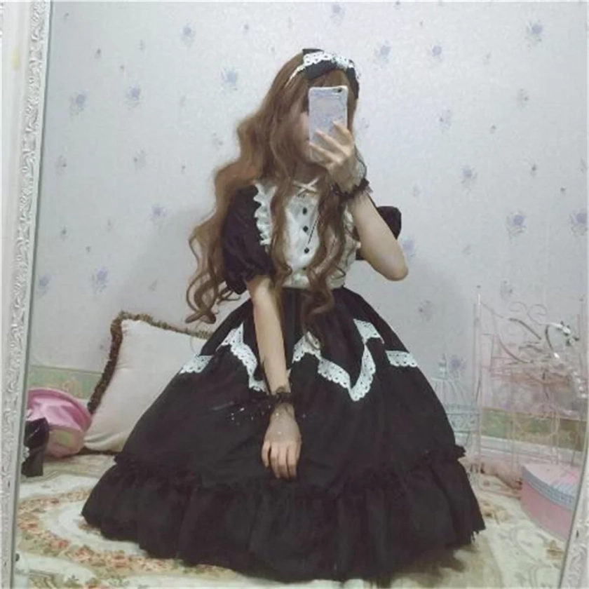 Vestido de Lolita dulce japonés para mujer, vestido de fiesta de té victoriano Kawaii, mangas largas de encaje, vestidos góticos de Lolita para niñas, Cosplay negro - AliExpress 200000345