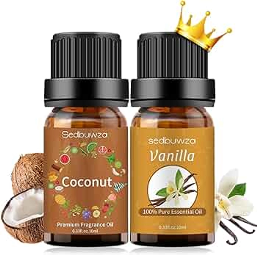 Sedbuwza Vanilla Oil Coconut Essential Oil Gift Set, 100% Pure Organic Oils Gift Set for Skin Hair Care, Diffuser, Massage, Soap, Candle Making - 2 x 10ml