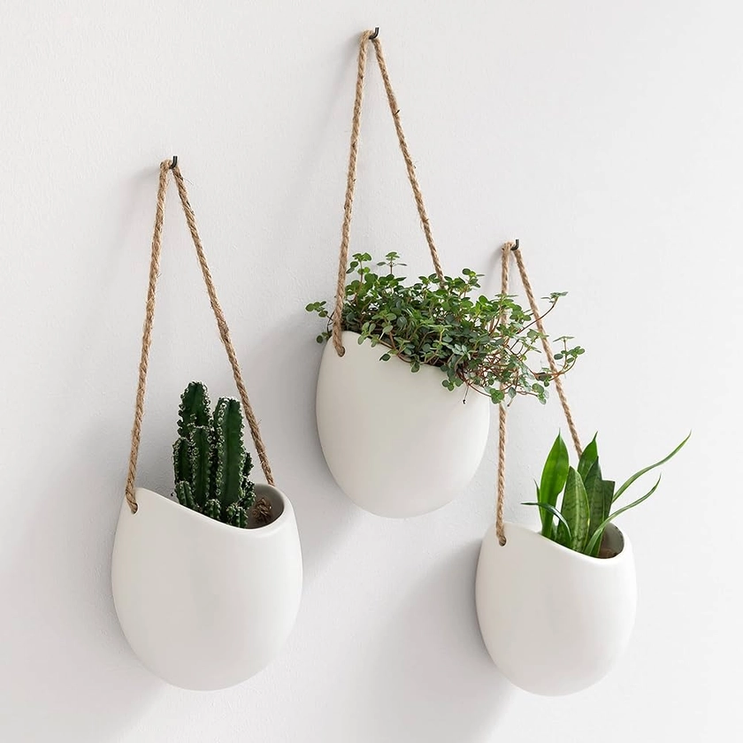 Kazai. Pots de Fleurs Muraux -Ellie- | Pots de Fleurs Suspendus en Céramique 3 pièces | Décoration Murale pour Intérieur, Balcon et Jardin | Blanc (Mat)