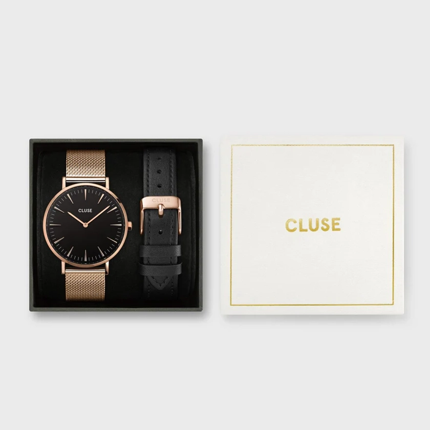 Gift Box Boho Chic Mesh Watch & Leather Strap Rose Gold Colour