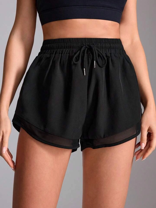 Women's Elastic Waistband Mesh Patchwork 2 In 1 Athletic Shorts