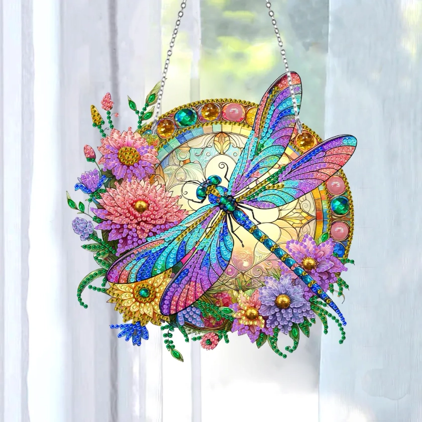 5D Diamond Painting Stained Glass Panel Decorative Home Garden Decoration Hanging Kit(Dragonfly)