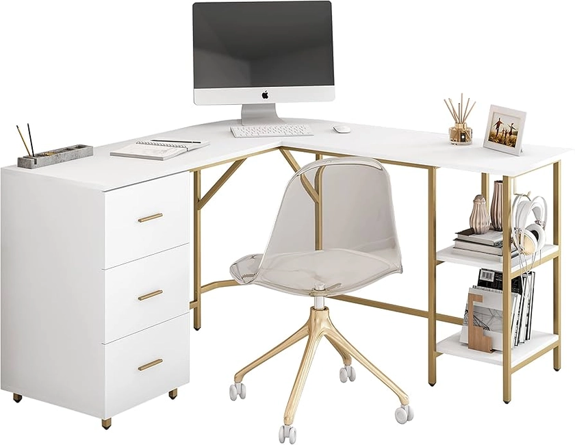 Techni Mobili L Shaped Desk - Two-Toned Computer Desk with Drawers & Storage Shelves - Simple Modern Furniture & Home Office Space Corner Table for Work & Writing