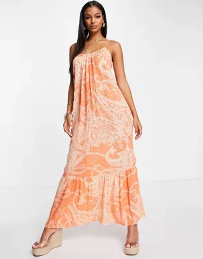 ASOS DESIGN drop hem crinkle beach maxi dress in paisley print