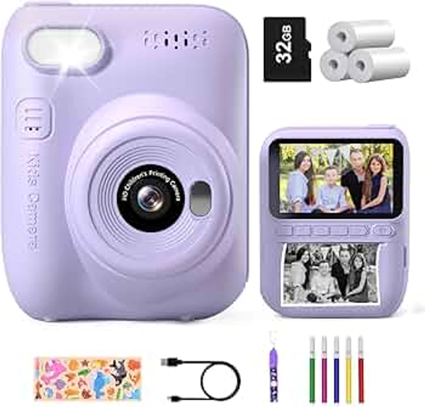 Gofunly Appareil Photo Instantané Enfant, 3.0" Grand Écran Appareils Photos Numériques pour Enfants avec Carte de 32 Go, HD 1080P Vidéo Caméra Enfant de 3 à 12 Ans, Cadeau Jouet Filles Garçons, Violet