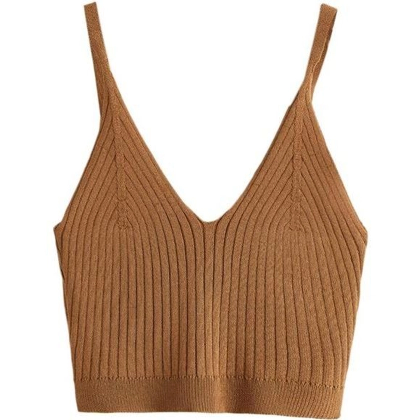 V-Neck Ribbed Knit Spaghetti Strap Crop Cami Top for Women