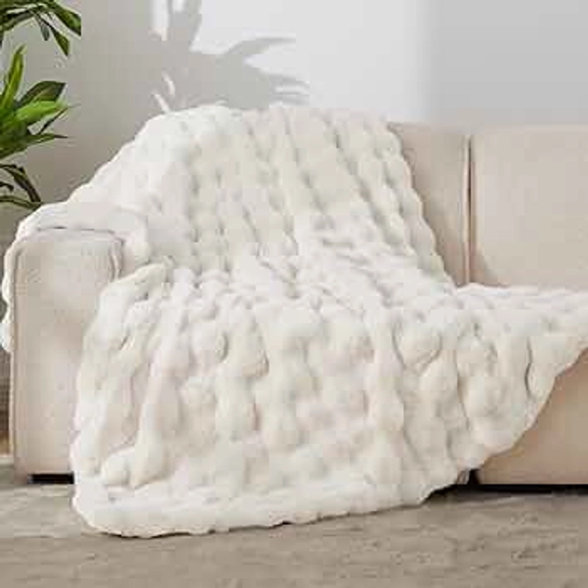 Andency Fluffy Faux Fur Throw Blanket for Couch, Soft Cozy Bubble Blankets for Women, Girls, Snuggy Fuzzy Blanket for Living Room, Sofa, Bed, 50x60 Inches, White, Cream