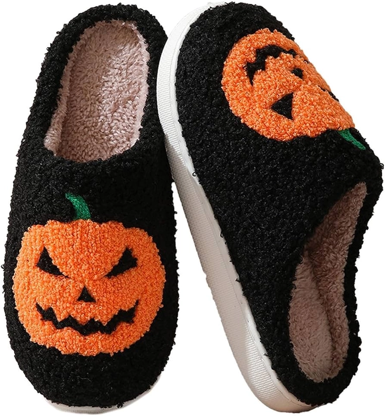 Amazon.co.jp: [Mechesa] Spooky Slide Halloween Slippers - Halloween Pumpkin Slippers Ghost Soft Plush Cozy Halloween Shoes - Soft Plush Cozy Anti-Slip Rubber Sole Pumpkin Slippers Women Home Halloween Gift Indoor, Black : Clothing, Shoes & Jewelry