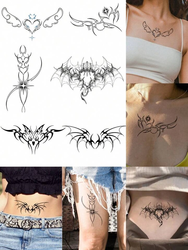 6pcs Waterproof, Sweat Resistant, Non-Reflective Temporary Tattoo Stickers In Black Devil Design, Suitable For Hip & Abdomen, Fashionable