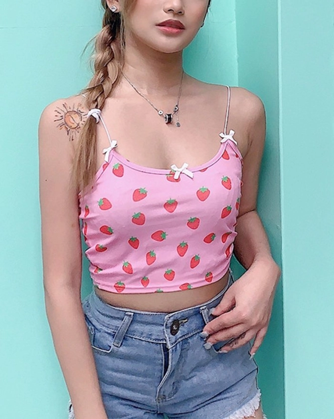 Emmiol Strawberry Print Bow Cropped Cami Top