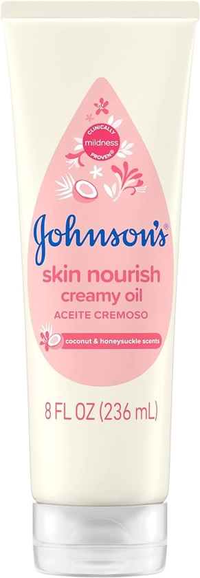 Amazon.com: Johnson's Skin Nourish Creamy Baby Oil for Dry Skin with Coconut & Honeysuckle Scent, Rich & Creamy Baby Body Oil Moisturizes for 24 Hours & Helps Prevent Dryness, Hypoallergenic, 8 fl. Oz : Baby