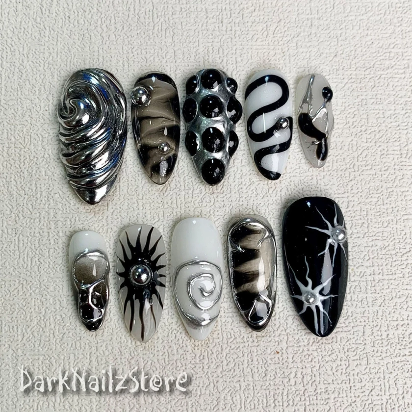 Custom Black Press On Nails, Gothic Punk Rock Nails, Snake Goth White Y2K Press On Nails