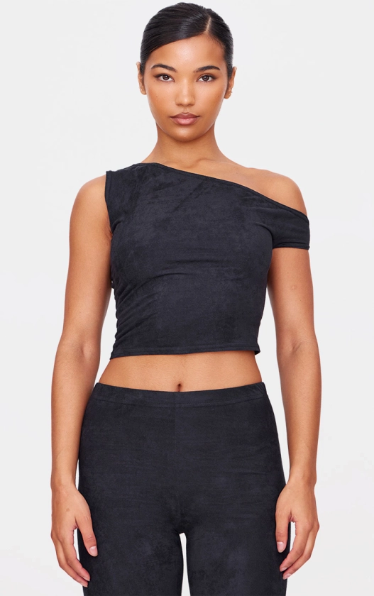 Black Faux Suede Asymmetric Crop Top