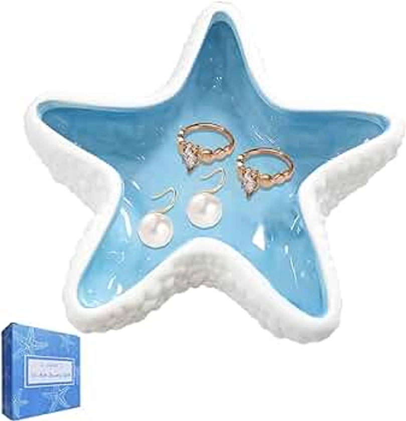 Starfish Jewelry Dish Tray Ceramic Blue Ring Holder for Jewelry Trinket Dish Candy Dish Jewelry Tray Jewelry Plate Small Key Bowl for Entryway Table Birthday Home Party Decor