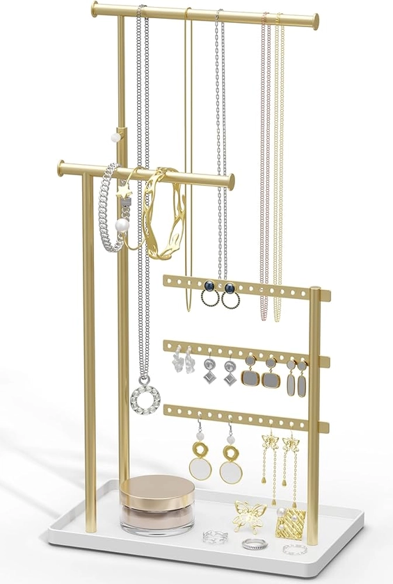Jewelry Holder Organizer Stand - Adjustable Tall 17.5" (Max), Sturdy Jewelry Hanger for Necklaces, Earrings, Bracelets, Rings, Jewlery Display and Storage, Gold and White, Metal