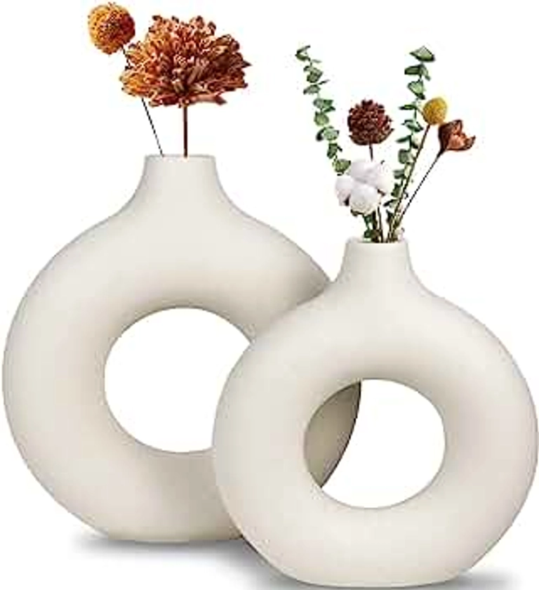 White Ceramic Vase, Modern Vase for Minimalist Decor, Hollow Round Matte Pampas Flower Vases for Boho Home Wedding Party Room Dinner Table Shelf Decor (2pcs)