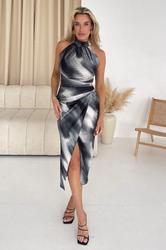 Alessia Halter Neck Midi Dress Grey Print