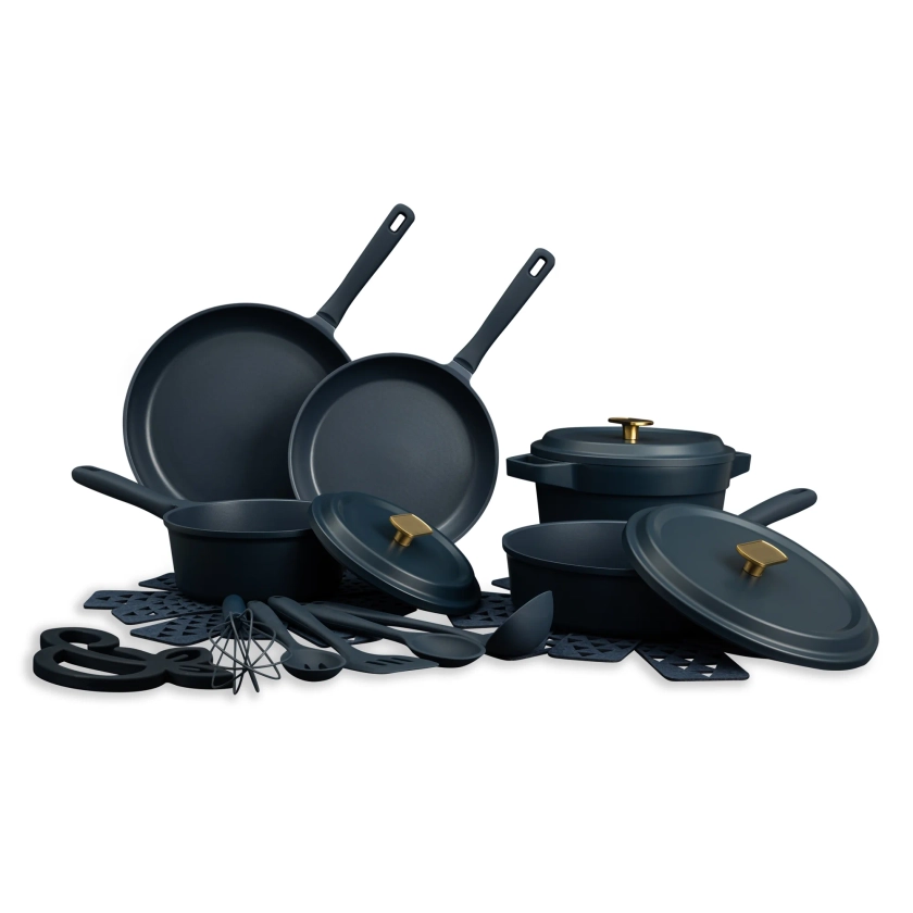 Thyme & Table 18-Piece Non-Stick Diecast Cookware & Silicone Utensil Set, Atlantic Blue