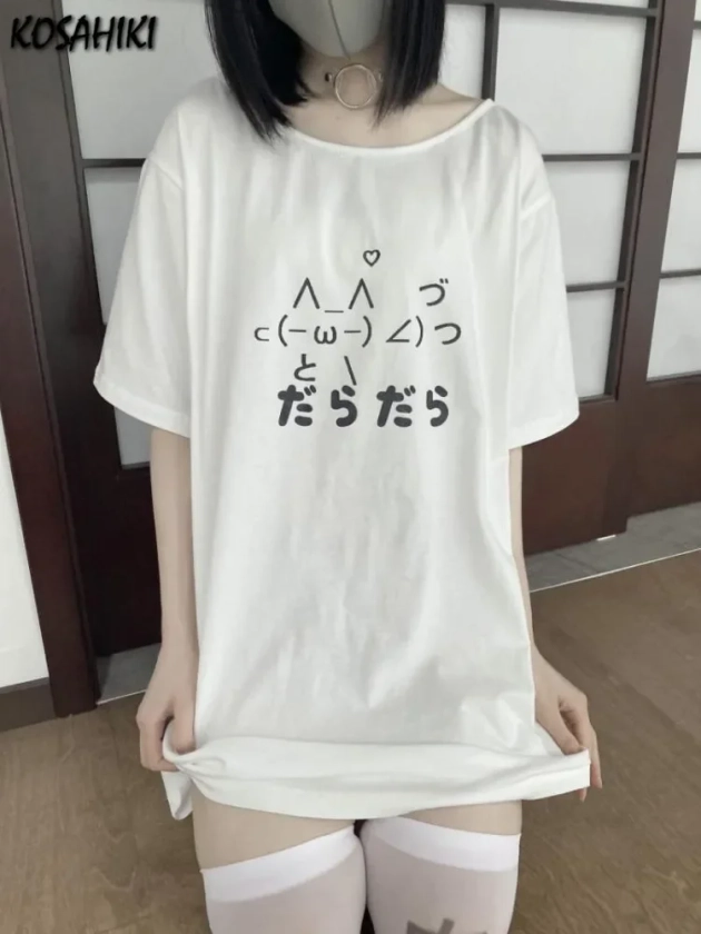 Camiseta holgada de estética Y2k para mujer, Tops informales con cuello redondo de dibujos animados japoneses, camisetas Kawaii de manga corta Harajuku, 2024
