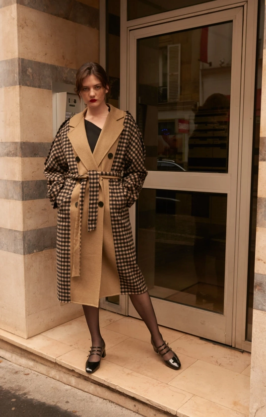 Khaki Color Patchwork Black Small Check Coat