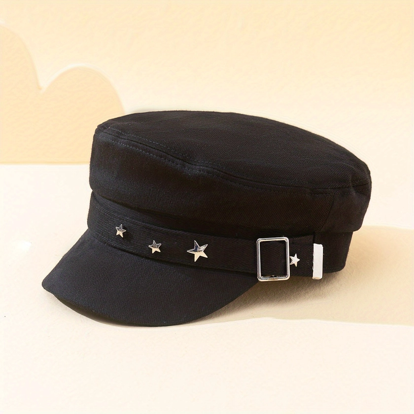 Star Button Newsboy Hat, Y2K Retro Hat ,Women's Solid Color Newsboy Octagonal Caps Navy Hats