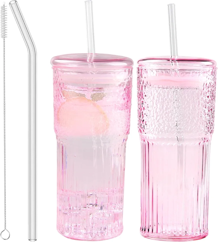 Glass Coffee Cups with Lids and Straws, 20 OZ Pink Iced Water Glasses Tumblers for Ice Juice, Tea, Milk, Smoothie and Cold or Hot Drinks, Set of 2