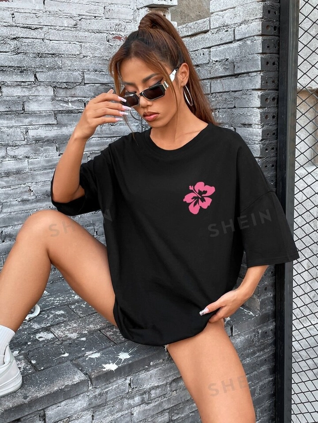 SHEIN EZwear Floral And Letter Graphic Drop Shoulder Oversized Tee