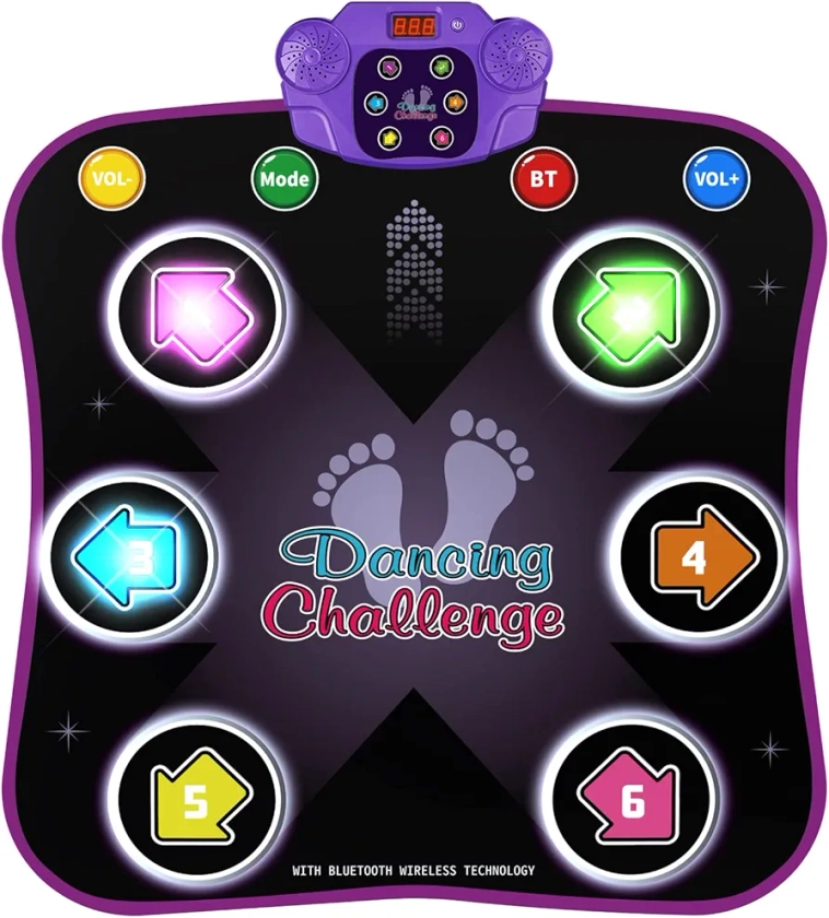 Dance Mat Toys for 3-12 Year Old Kids, Electronic Dance Pad with Light-up 6-Button Wireless Bluetooth, Music Dance with 5 Game Modes, Birthday Toys Gifts for 3 4 5 6 7 8 9 10+ Year Old Girls