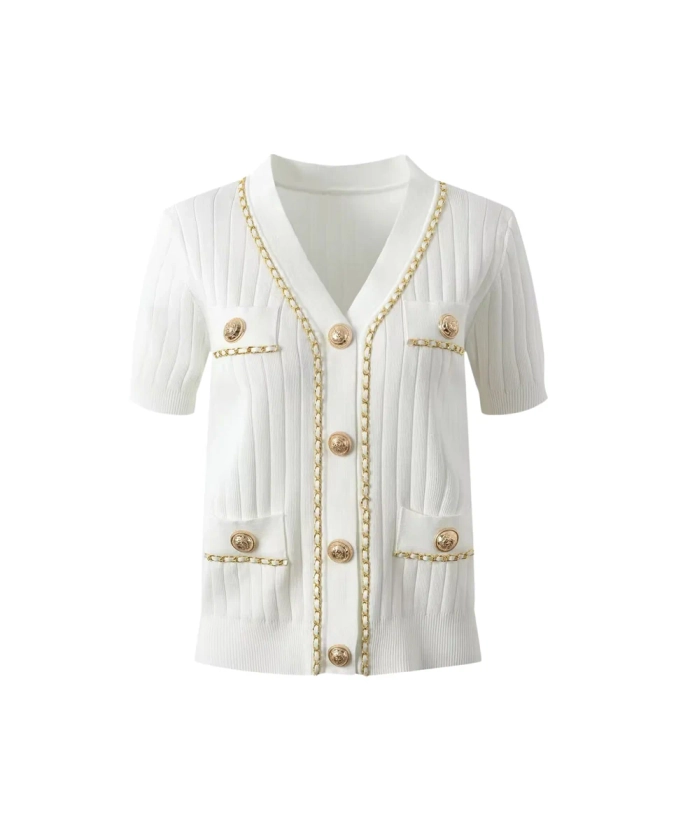 Gold Button Knit Top - White | Coventina Collection