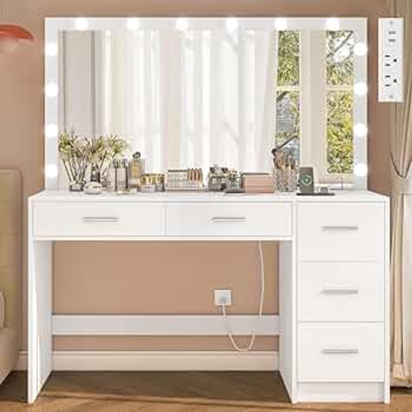 47.2" Large Vanity Desk with Mirror & 14 LED Lights, Makeup Vanity Table with 5 Drawers & Charging Station, Makeup Vanity Desk, 3 Lighting Colors, Dressing Vanity Table for Bedroom, White