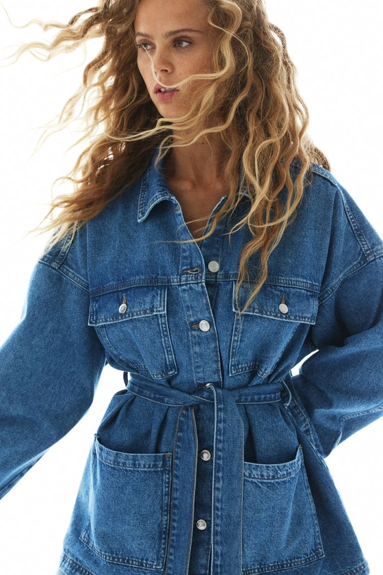 Veste en jean avec ceinture - Bleu denim foncé - FEMME | H&M FR