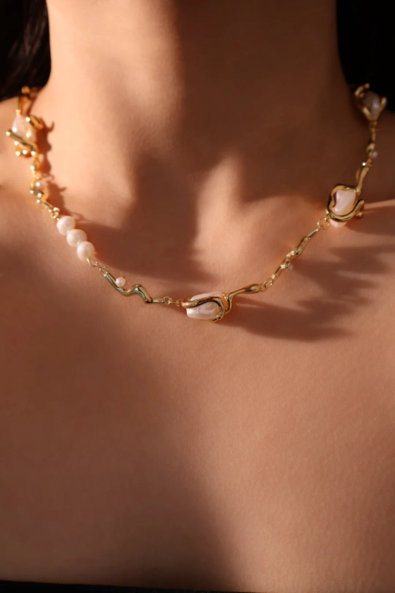 18K Real Gold Plated White Pearls Necklace