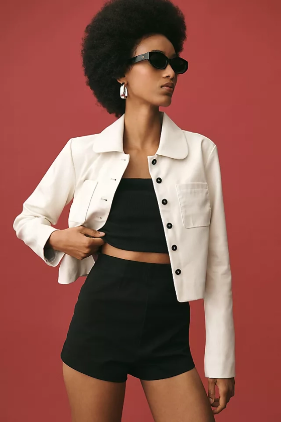 Maeve Faux Leather Collared Crop Jacket