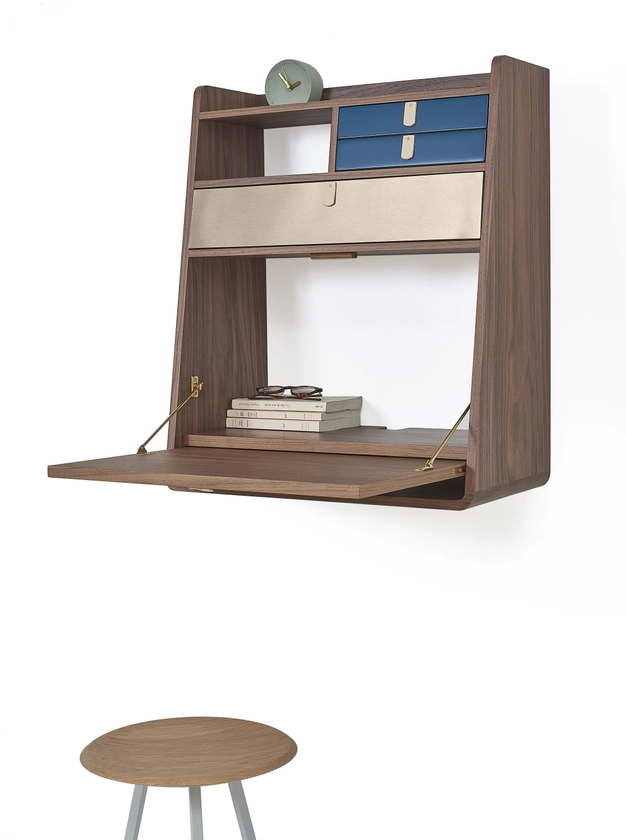 Gaston Wall writing desk blue natural wood / L 60 x H 72 cm - Walnut - Hartô