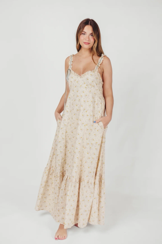 Penelope Cotton Maxi Dress with Ruffle Accents in Creme Floral
