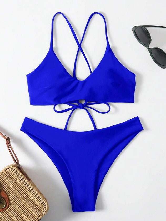 SHEIN Swim Summer Beach Solid Tie Back Bikini Set