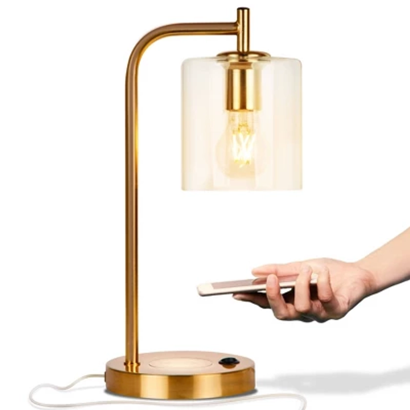 Brightech Elizabeth Mid-Century Modern (Includes LED Light Bulb) Wireless Charging Desk Table Lamp Antique Brass: 16" USB Port, UL Listed