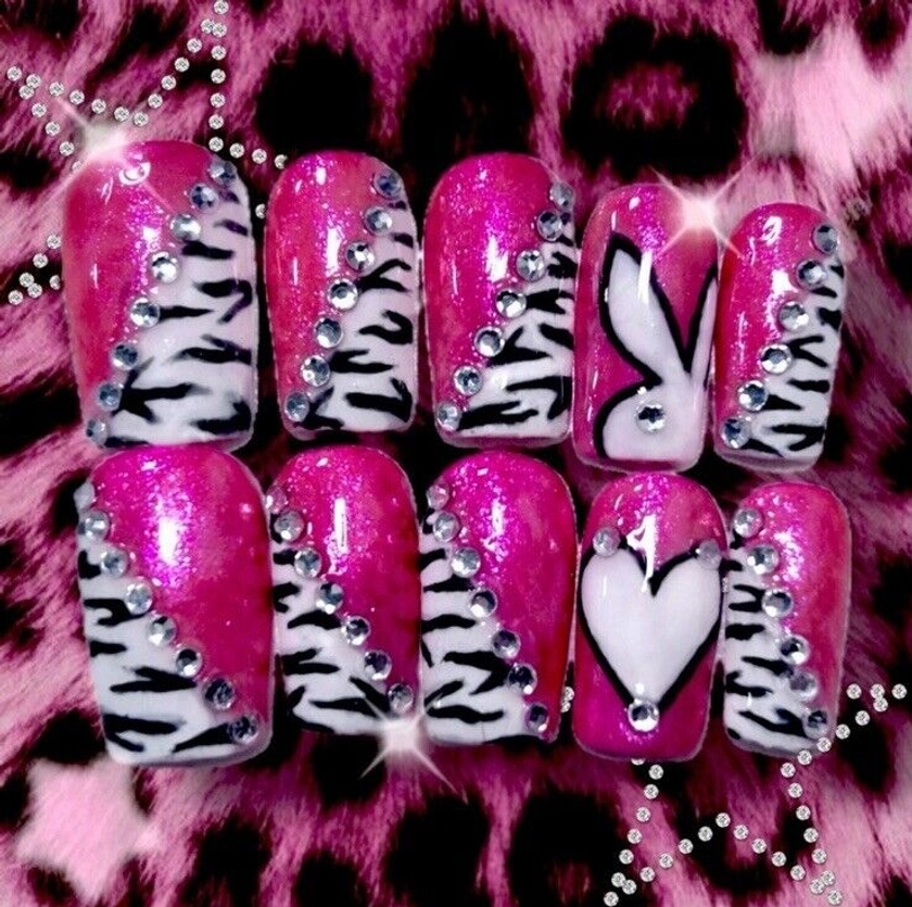 Playboy Pink Zebra Bling Y2K Nails