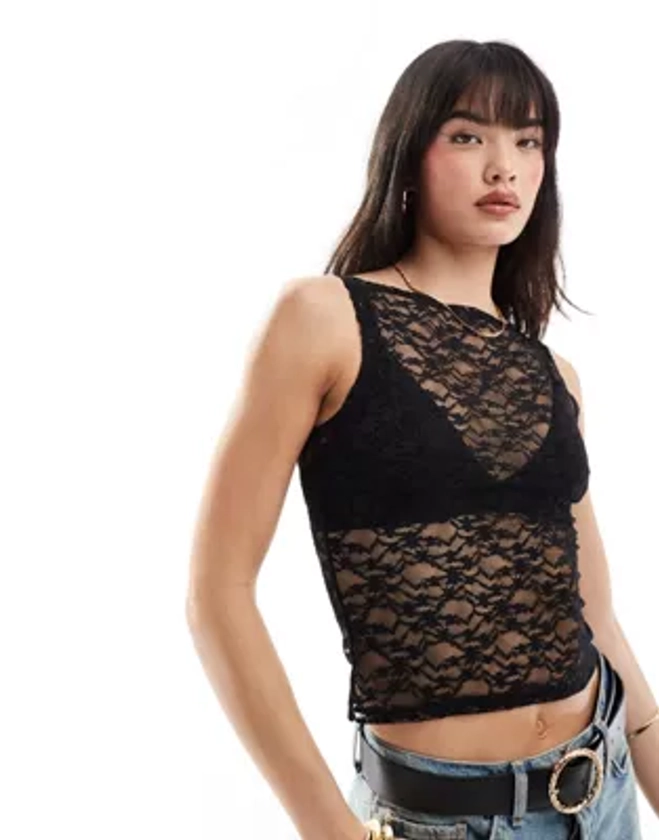 Miss Selfridge - Top sans manches en dentelle transparente à encolure bateau - Noir