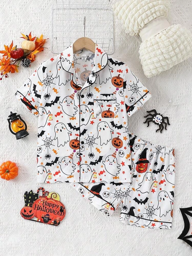 Tween Girl Halloween Cartoon Full Print Ghost & Pumpkin Pattern Set, For Halloween Party