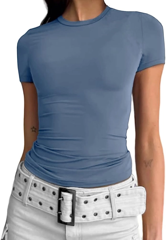 Abardsion Women's Casual Basic Going Out Crop Tops Slim Fit Short Sleeve Crew Neck Tight T Shirts (Haze Blue, S) at Amazon Women’s Clothing store