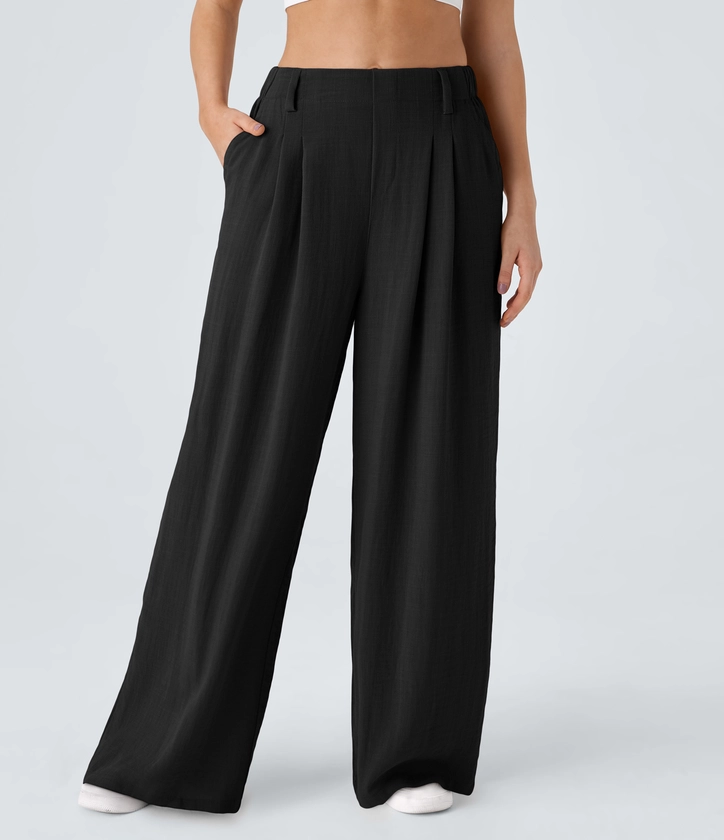 High Waisted Plicated Side Pocket Wide Leg Flowy Solid Palazzo Casual Linen-Feel Pants