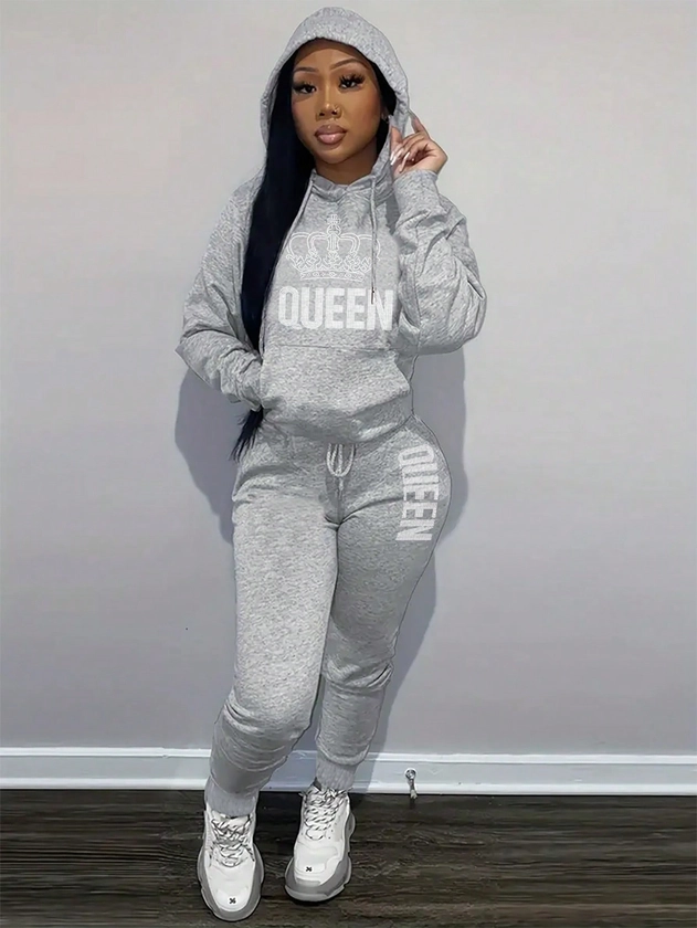 Fashionable And Versatile Autumn And Winter Letter Printed Sweatshirt And Sweatpants Two-Piece Set