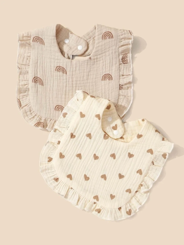 2pcs Rainbow Heart Pattern Baby Saliva Towel With Ruffle Edge Decoration | SHEIN UK
