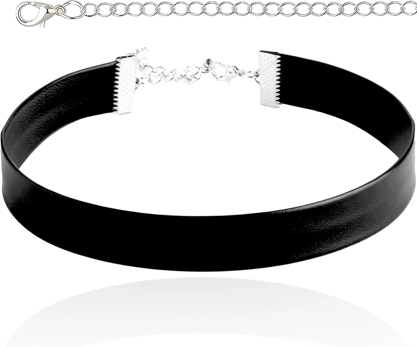 Black Leather Choker Necklace for Women - Plain, Goth Style, Sexy Neck Collar Choker Necklaces for Woman