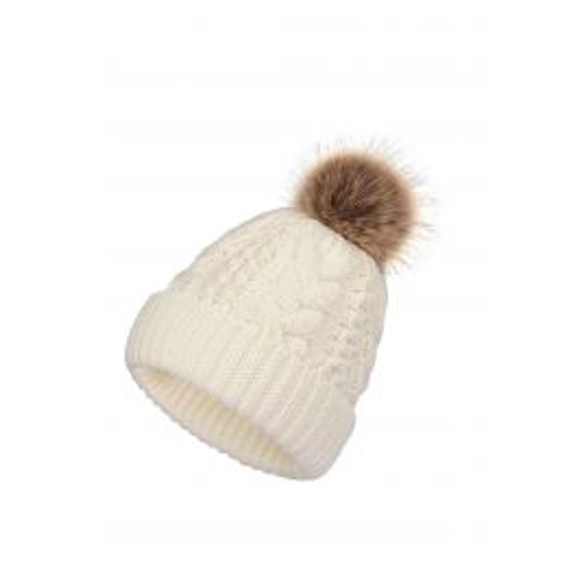 Pom-Pom Trim Braided Knit Beanie Hat in Ivory