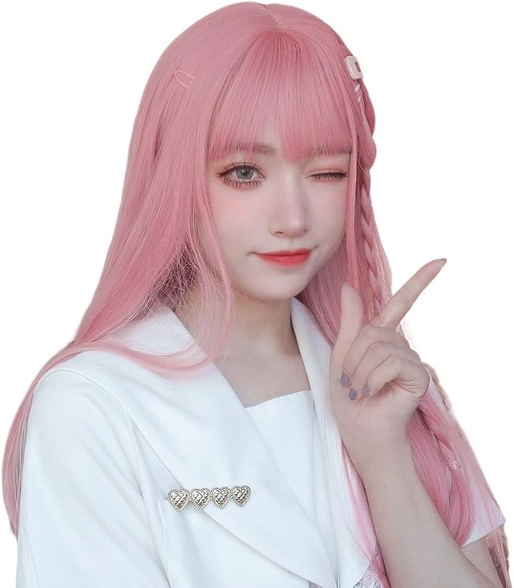 Sizuuenn Women's Wig, Long Straight Bangs, Pink Wig, Sakura Girl, Small Face, Heat Resistant Wig, High Temperature Hair Yarn, Cosplay Wig, Dedicated Network, For Events, School Festivals, Cultural