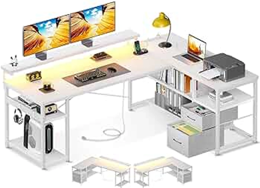 ODK L Shaped Gaming Desk with File Drawers, Reversible Computer Desk with Power Outlets & LED Lights, Home Office Desk with Storage Shelves, 61 Inch Bedroom Corner Desk with Monitor Stand, White