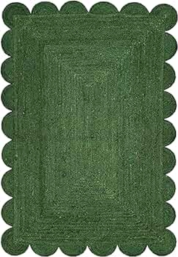 Scallop Jute Area Rug Boho Jute Rug Scalloped Coastal Rug, Palm Green 3'x5'